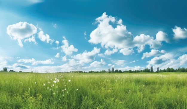 A field of green grass with a blue sky and clouds in the background