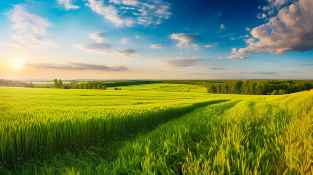 A field of green grass with a blue sky and clouds