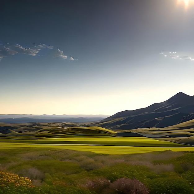 A field of green grass with a mountain in the background.