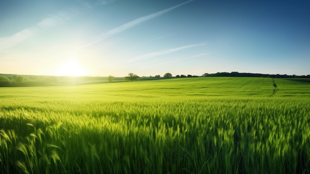 A field of green grass with the sun setting behind it