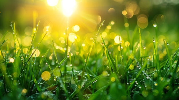 Photo a field of green grass with a sun shining on it