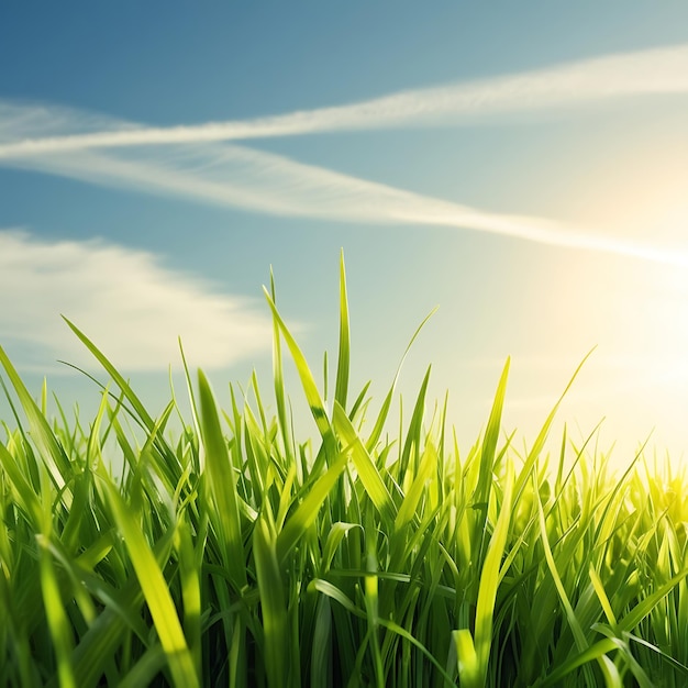 a field of green grass with the sun shining through the top