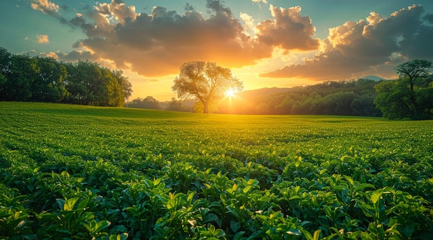 A field of green grass with a tree in the middle