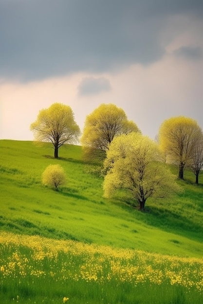 A field of green grass with trees and the sky in the background