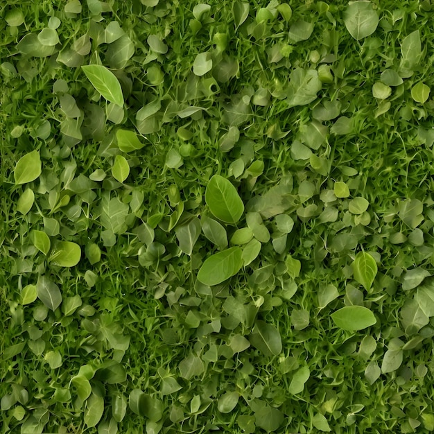 field of green herbs and leaves with a background of green grass