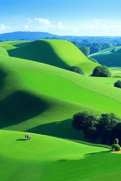 Photo a field of green hills with a view of the hills and trees