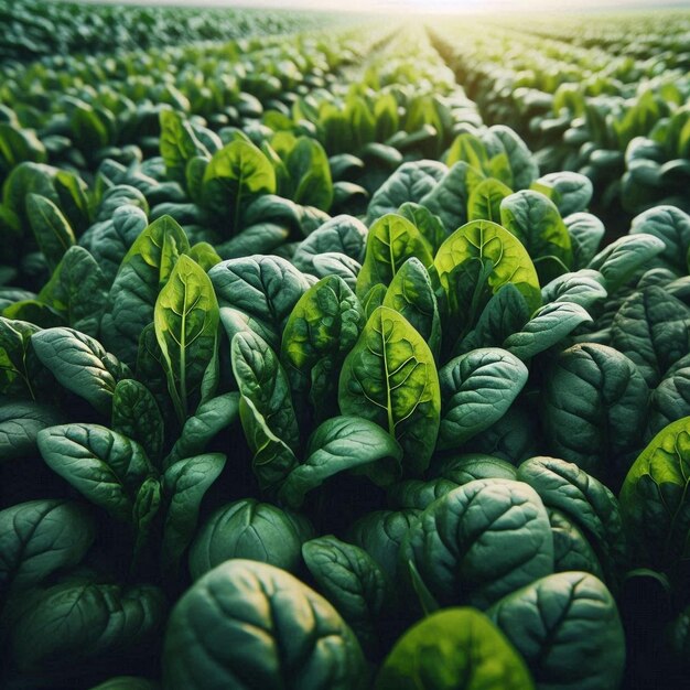 Photo a field of green lettuce with the sun shining through the background