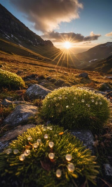 a field of green moss with the sun behind them