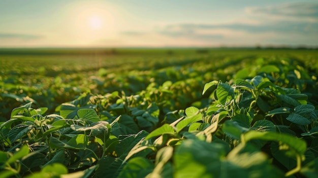 A field of green plants with the sun shining on them