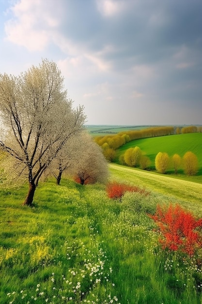 A field of green and red trees with a green field in the background