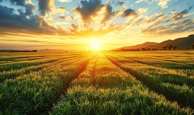 a field of green wheat at sunset in the style of postapocalyptic backdrops rectangular fields