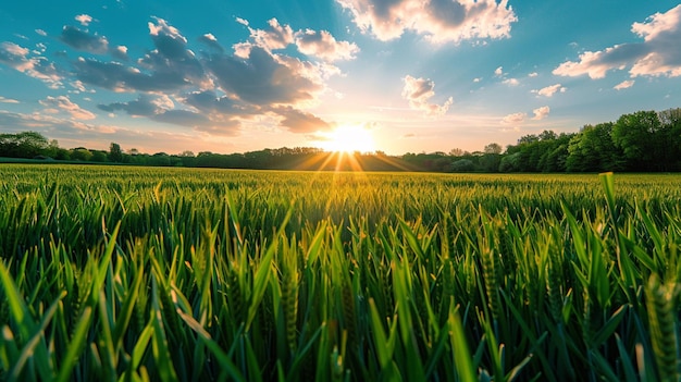 a field of green wheat with the sun setting behind it