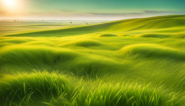 a field of green wheat with a sunset in the background