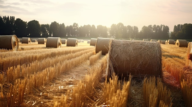 A field of hay bales with the sun setting behind them