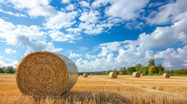 Photo a field of hay with a blue sky and clouds in the background