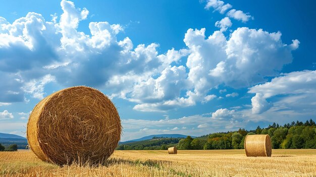 Photo a field of hay with a blue sky and clouds in the background