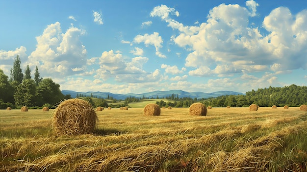 Photo a field of hay with a sky and clouds in the background