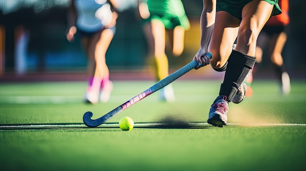 Field hockey player dribbling with intensity