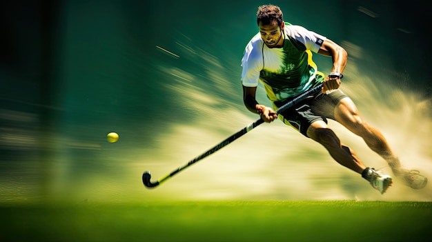 Field hockey player executes quick reverse sweep on green field