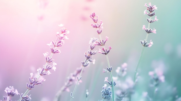 Photo a field of lavender flowers in soft focus with a warm pink sunset in the background