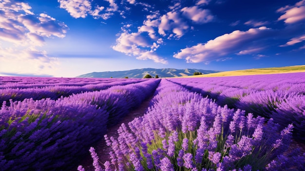 a field of lavender flowers with a sky background