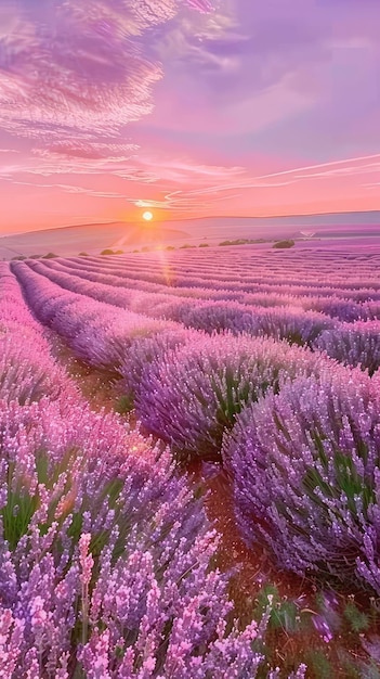 a field of lavender flowers with the sun setting behind it