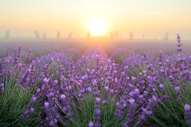 A field of lavender in full bloom with the sun setting behind it creating a warm and inviting atmo