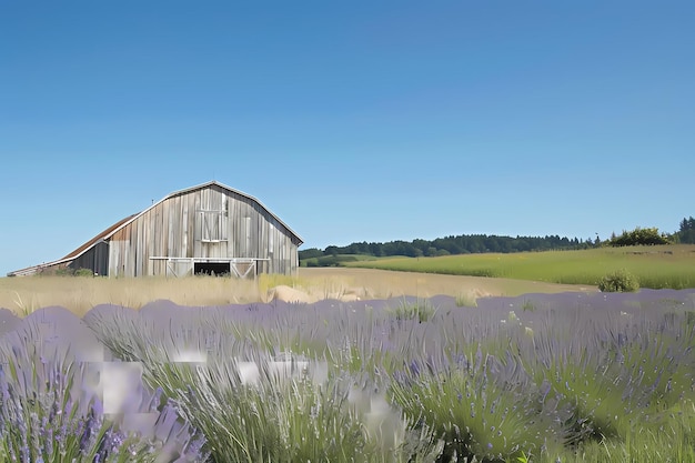 A field of lavender stretching towards a rustic barn under a clear blue sky