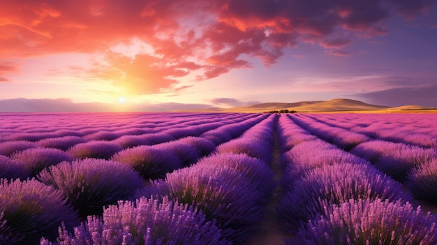 A field of lavender in a sunset