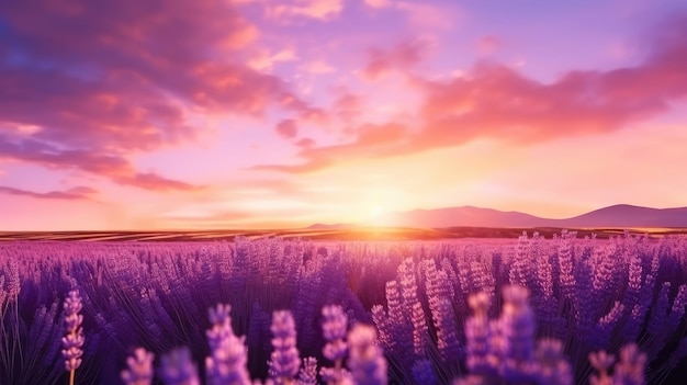 A field of lavender in a sunset