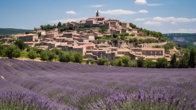 A field of lavender with a hilltop village Generative AI