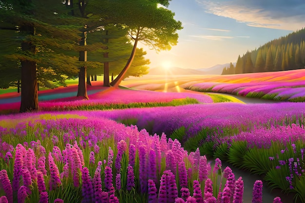 A field of lavender with the sun setting behind it