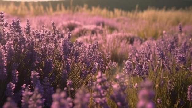 A field of lavender with the sun setting behind it