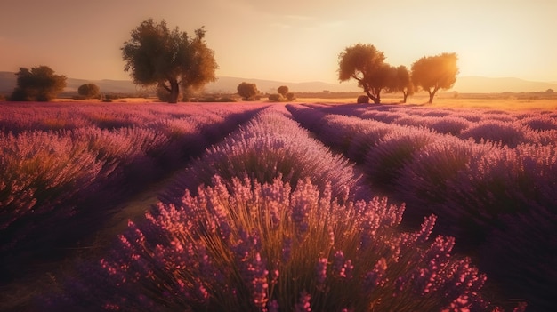 A field of lavender with the sun setting behind it