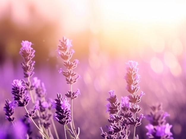 A field of lavender with a sunset in the background.