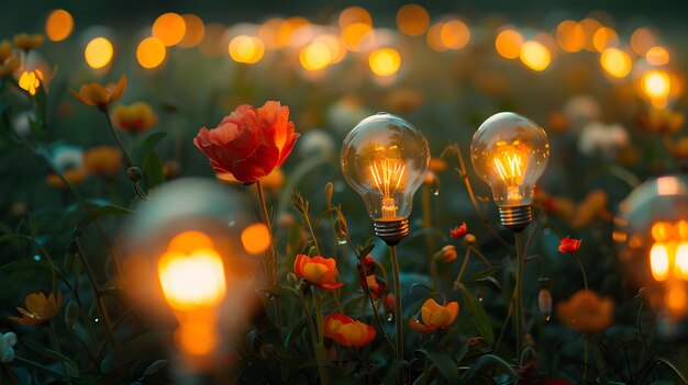 A field of light bulbs in the form of flowers as a concept for energy saving AI Generated