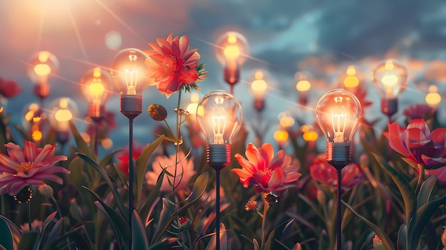 A field of light bulbs in the form of flowers as a concept for energy saving AI Generated