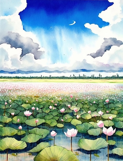 Field of Lotus Flowers Watercolor with Blue Sky Generative Ai