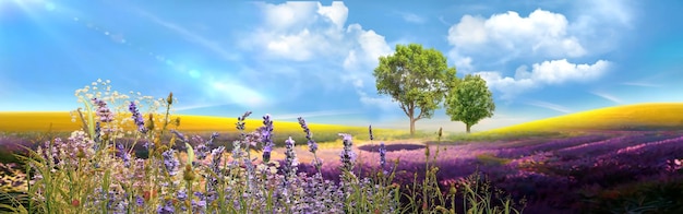 field  nature landscape Meadow of wheat trees and wild Lavender  flowers on field sunslight