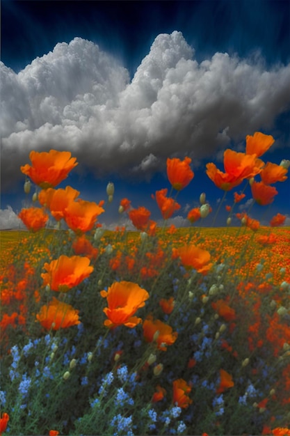 Field of orange and blue flowers under a cloudy sky generative ai