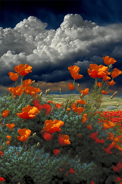 Field of orange flowers under a cloudy sky generative ai