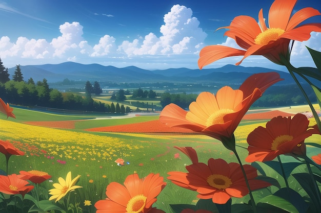 A field of orange flowers with a mountain in the background