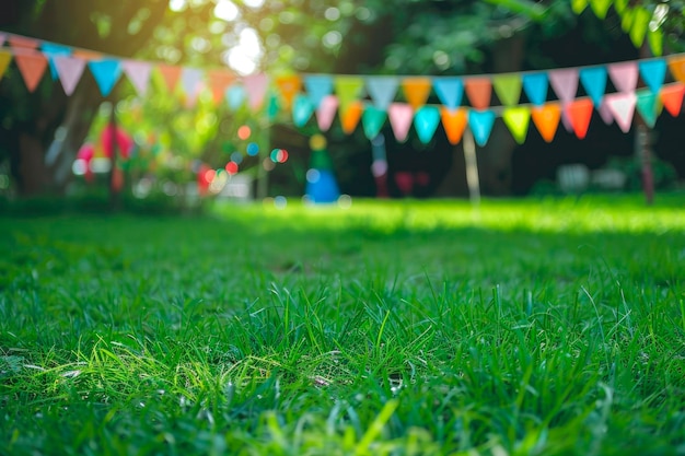 Photo field party with grass and birthday decoration