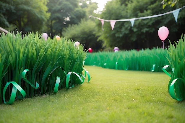 Photo field party with grass and birthday decoration