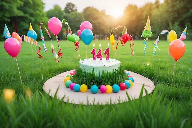 Photo field party with grass and birthday decoration