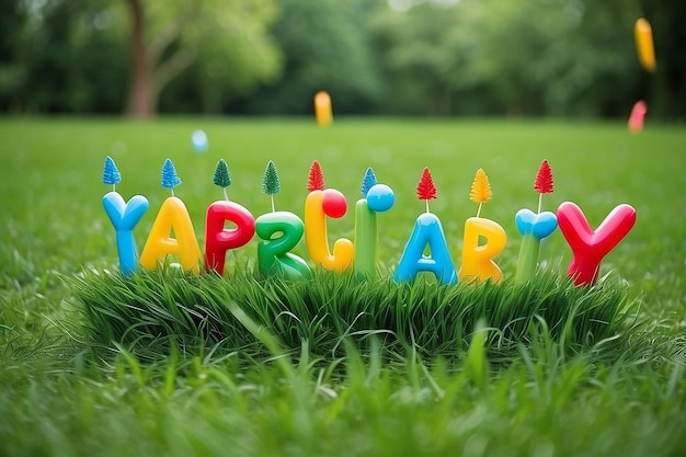 Photo field party with grass and birthday decoration