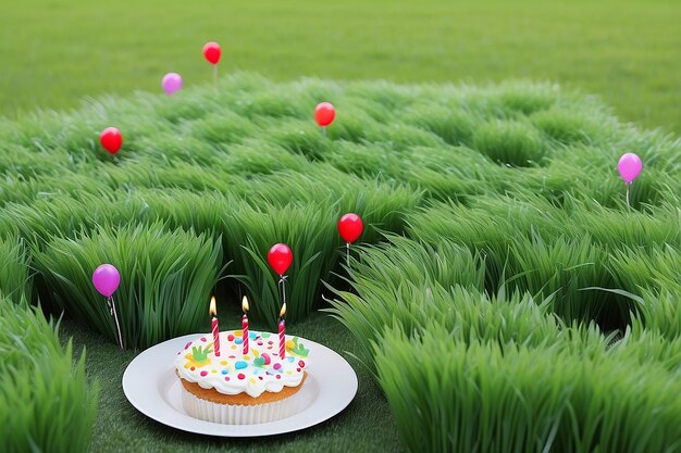 Photo field party with grass and birthday decoration