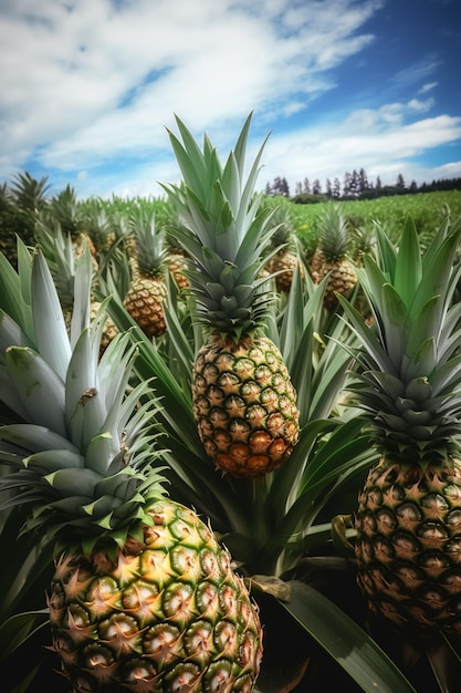 A field of pineapples with a blue sky in the background.