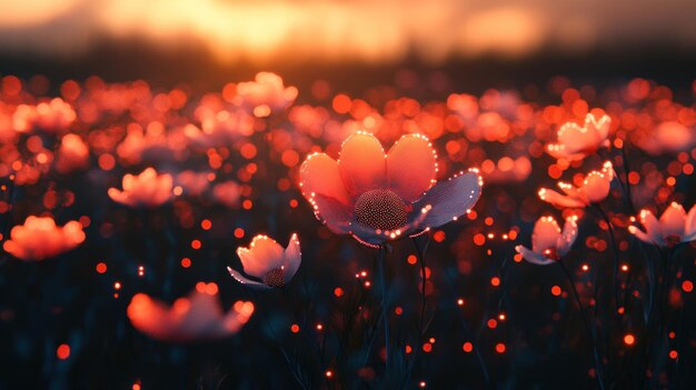 Field of Pink Flowers at Sunset