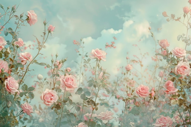 A field of pink flowers with a blue sky in the background